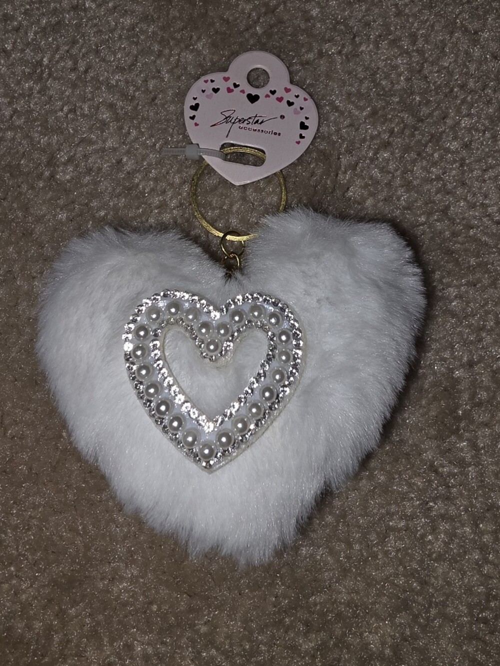 Faux Fur Heart Keychain with Faux Pearl & Rhinestone Accent - $8 NWT